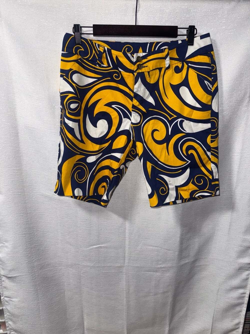 Loudmouth Ladies Golf Shorts Blue and Yellow Swirl Pattern